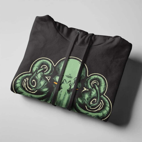 The Great One Cthulhu Piercing Blue Unisex Graphic Hoodie - black - folded strings