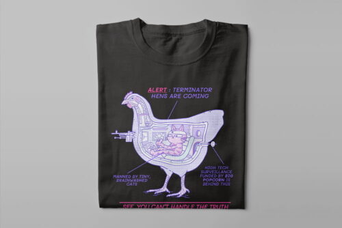 Terminator Hens Funny Illustrated Happy Chicken Fitness Cult Men's Tee - black - folded long