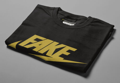 Fake Nike Brand Satire Men's Tshirt Terrorist Tee - black and gold - folded angled