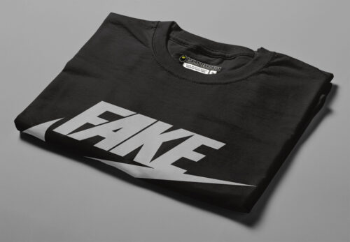 Fake Nike Brand Satire Men's Tshirt Terrorist Tee - black and silver - folded angled