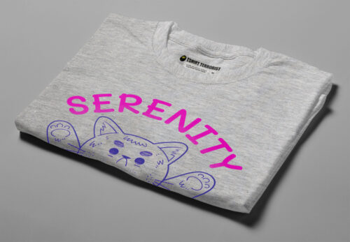 Serenity Meow Happy Chicken Fitness Cult Men's Cat Tee - grey melange - folded angled