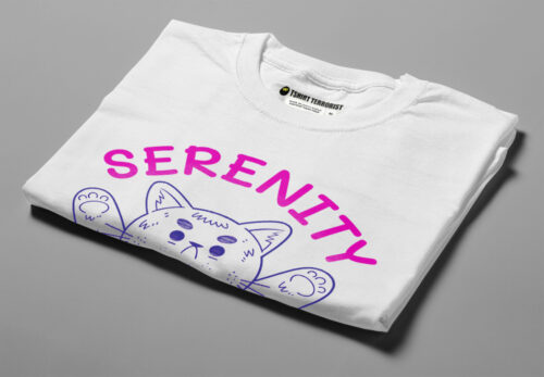 Serenity Meow Happy Chicken Fitness Cult Men's Cat Tee - white - folded angled